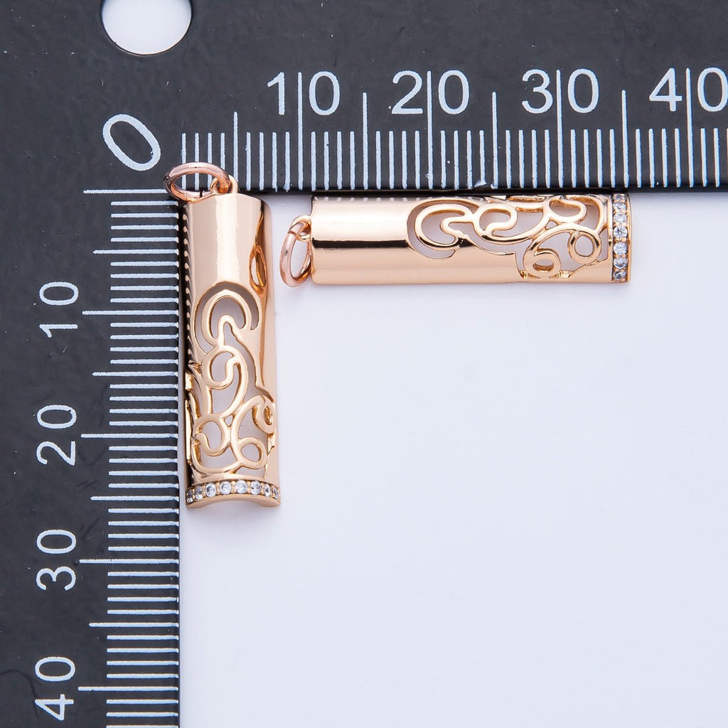 Rose Gold Filled 26mm Rose Flower Micro Paved CZ Filigree Bar Tube Charm | Charms-00394
