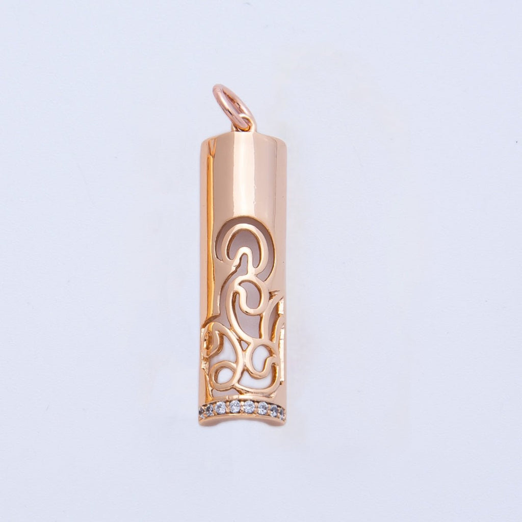 Rose Gold Filled 26mm Rose Flower Micro Paved CZ Filigree Bar Tube Charm | Charms-00394