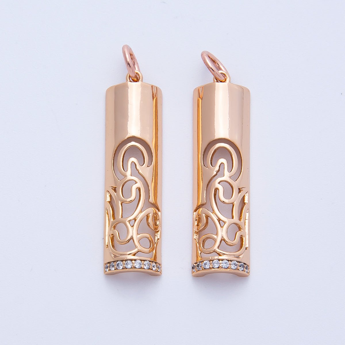 Rose Gold Filled 26mm Rose Flower Micro Paved CZ Filigree Bar Tube Charm | Charms-00394