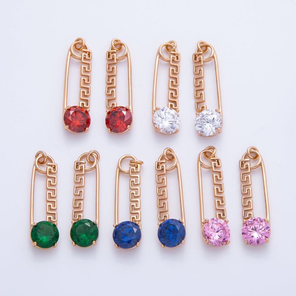 Rose Gold Red, Green, Blue, Pink, Clear CZ Geometric Safety Pin Charm | Charms-00377 - Charms-00386
