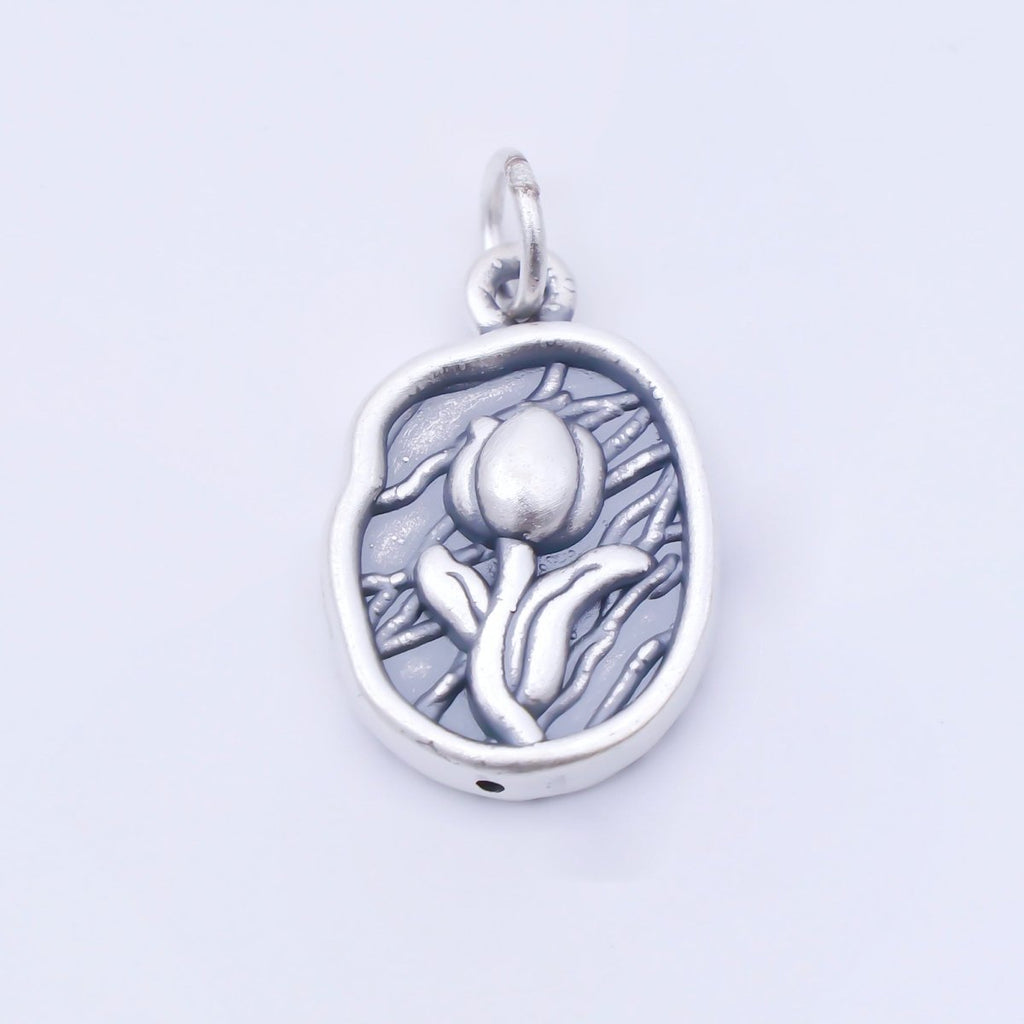 S925 Sterling Silver 20mm Rose Flower Textured Oval Charm | SL-703