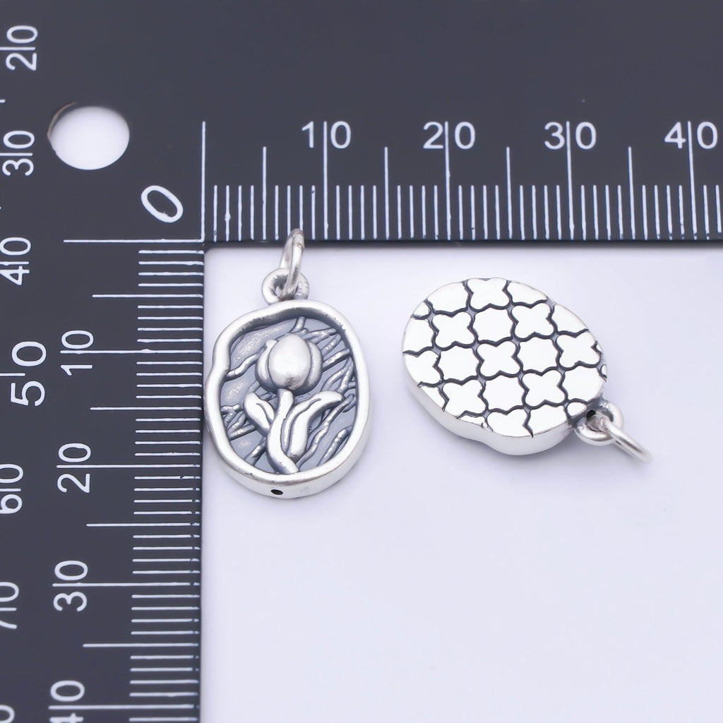 S925 Sterling Silver 20mm Rose Flower Textured Oval Charm | SL-703