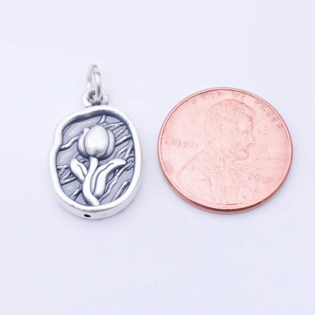 S925 Sterling Silver 20mm Rose Flower Textured Oval Charm | SL-703