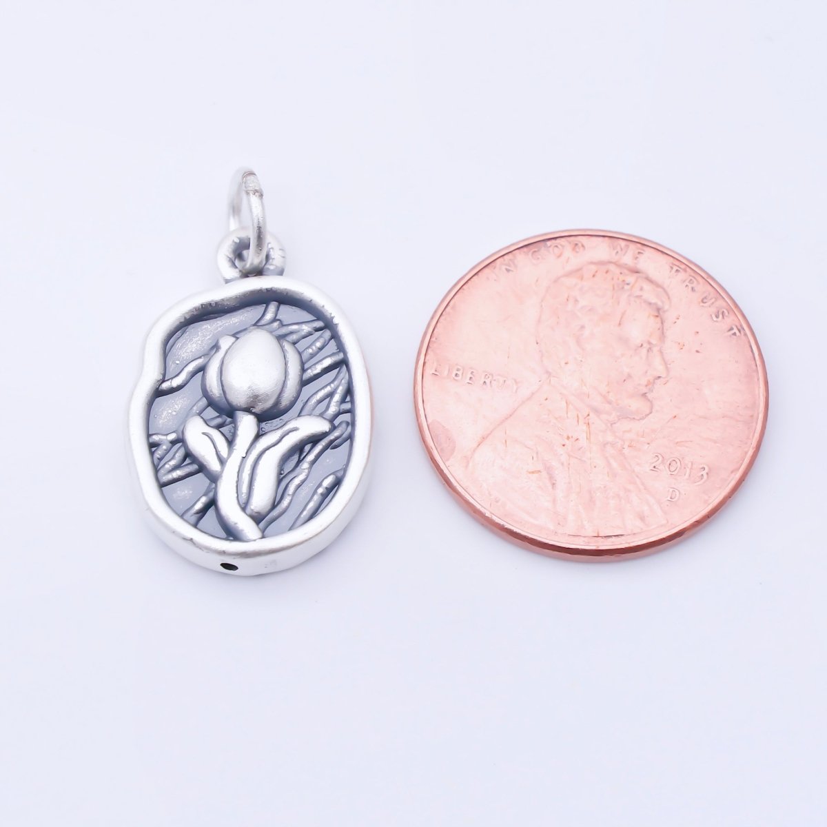 S925 Sterling Silver 20mm Rose Flower Textured Oval Charm | SL-703