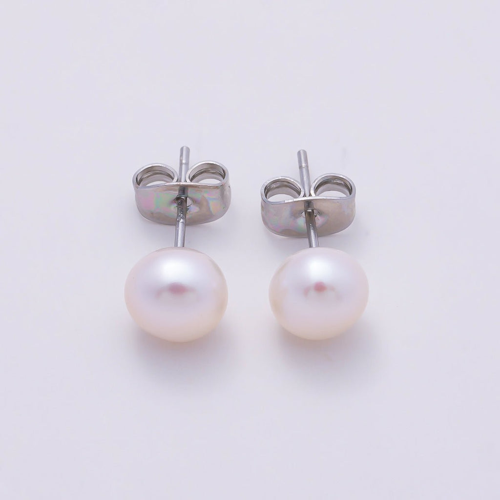 S925 Sterling Silver 7mm Shell Pearl Gemstone Stud Earrings | Earrings-00454
