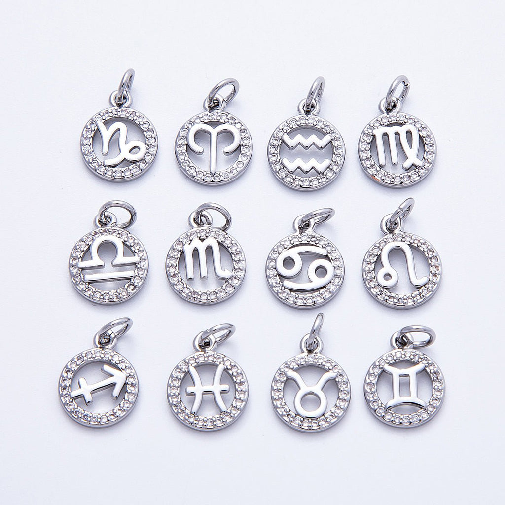 Silver 13.5mm Micro Paved CZ Personalized Zodiac Sign Charm | Charms-00235 ~ Charms-00246