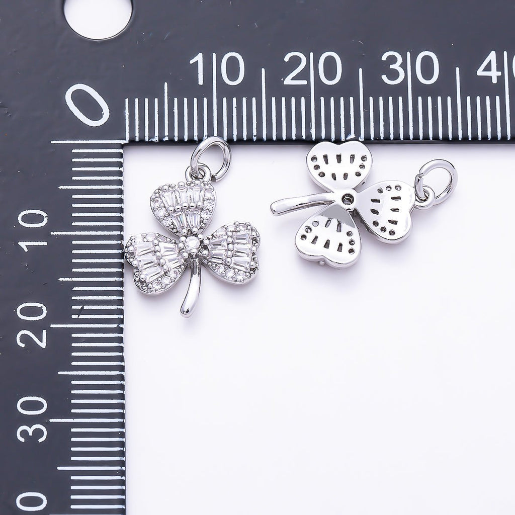 Silver 16.5mm Clear CZ Baguette Micro Paved Clover Plant Charm | Charms-01522