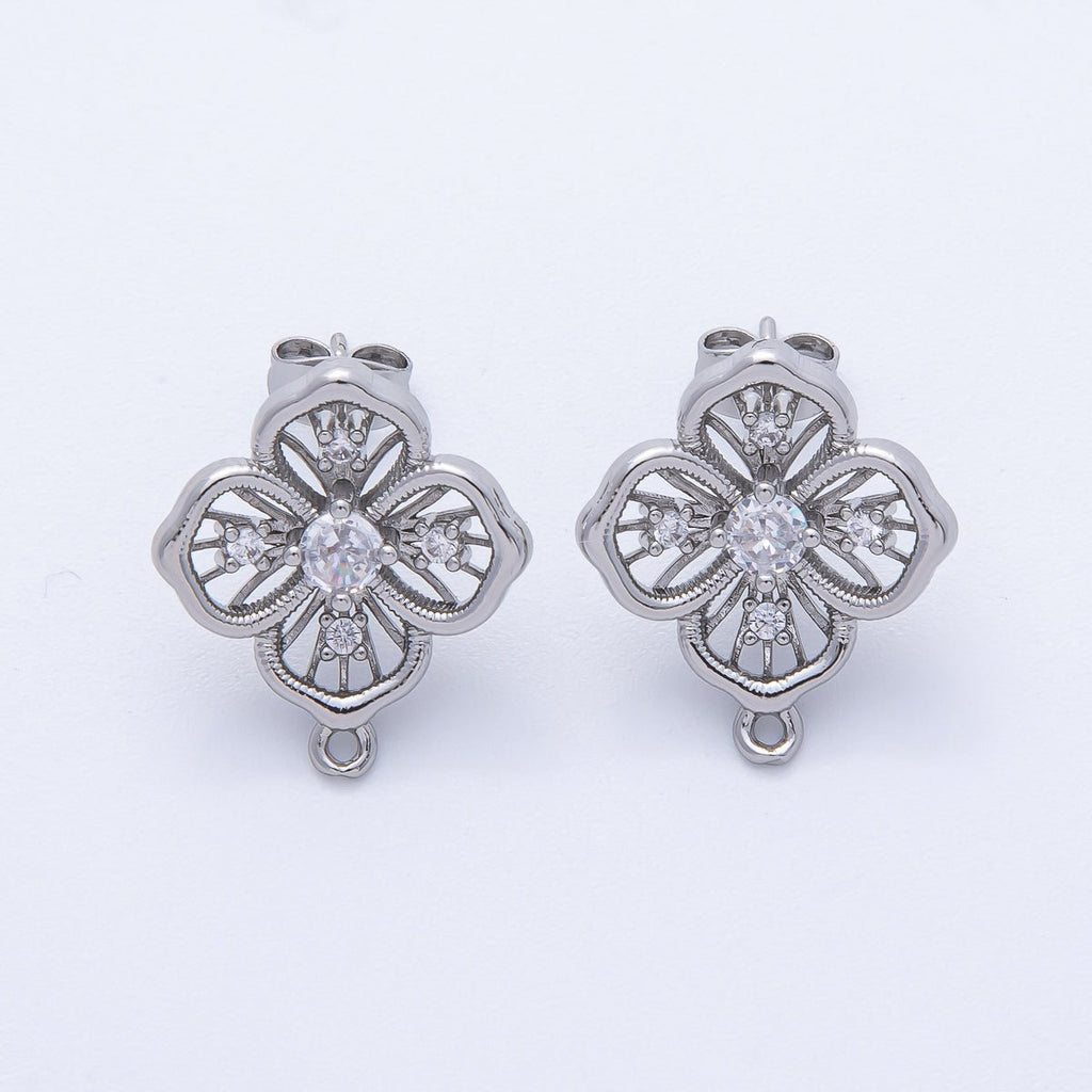Silver 21mm Clear CZ Open Clover Flower Stud Earrings Findings Supply | Z1667