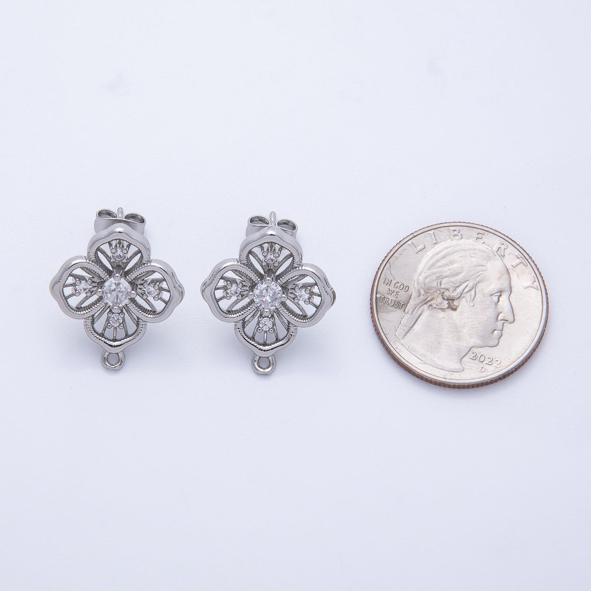 Silver 21mm Clear CZ Open Clover Flower Stud Earrings Findings Supply | Z1667