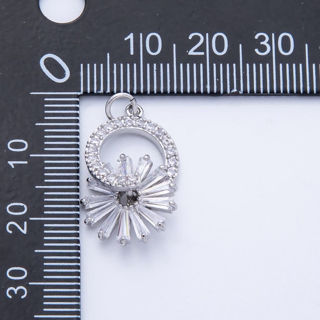 Silver 23mm Clear Baguette Micro Paved CZ Flower Open Round Charm | Charms-00367
