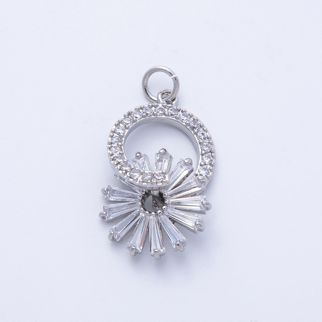 Silver 23mm Clear Baguette Micro Paved CZ Flower Open Round Charm | Charms-00367