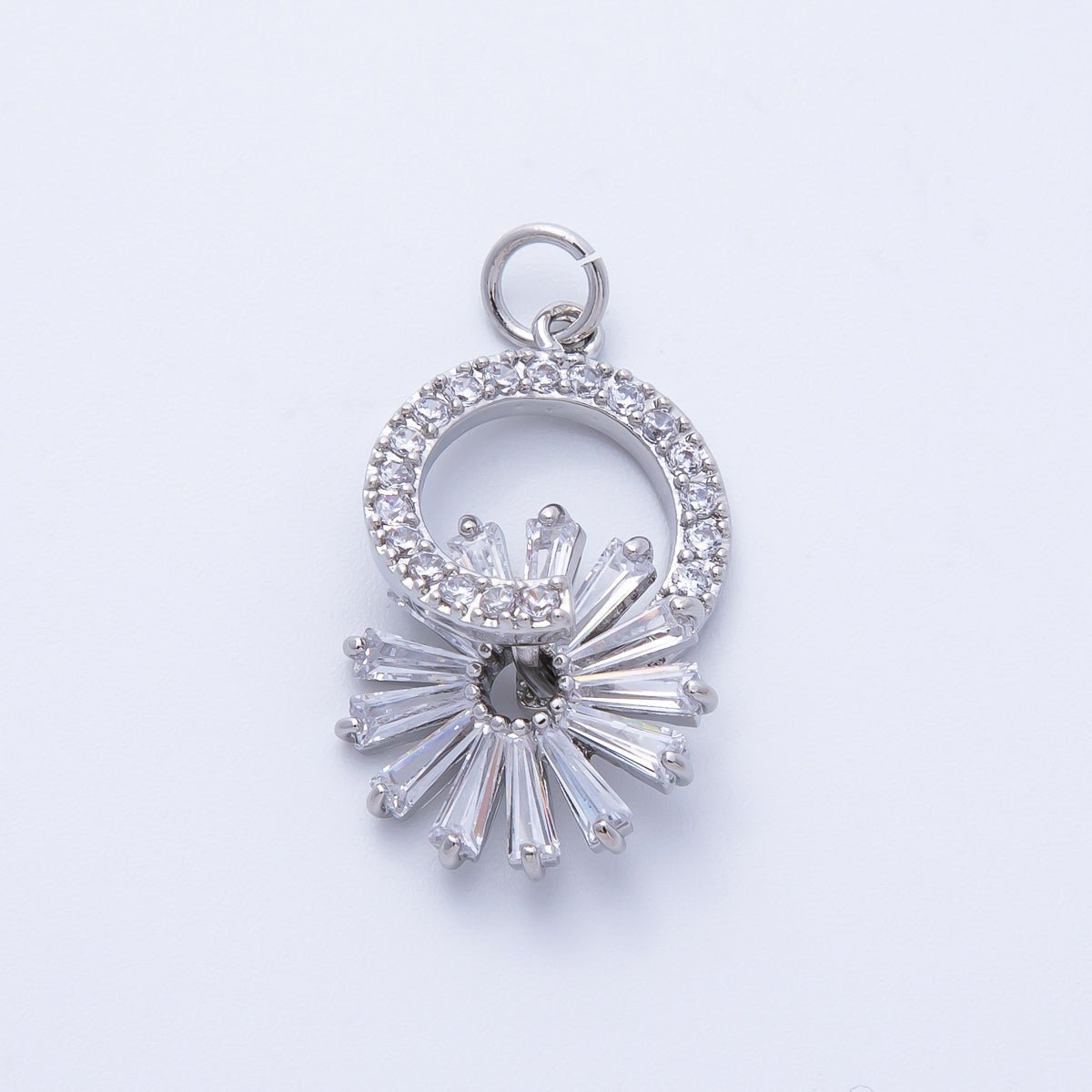 Silver 23mm Clear Baguette Micro Paved CZ Flower Open Round Charm | Charms-00367
