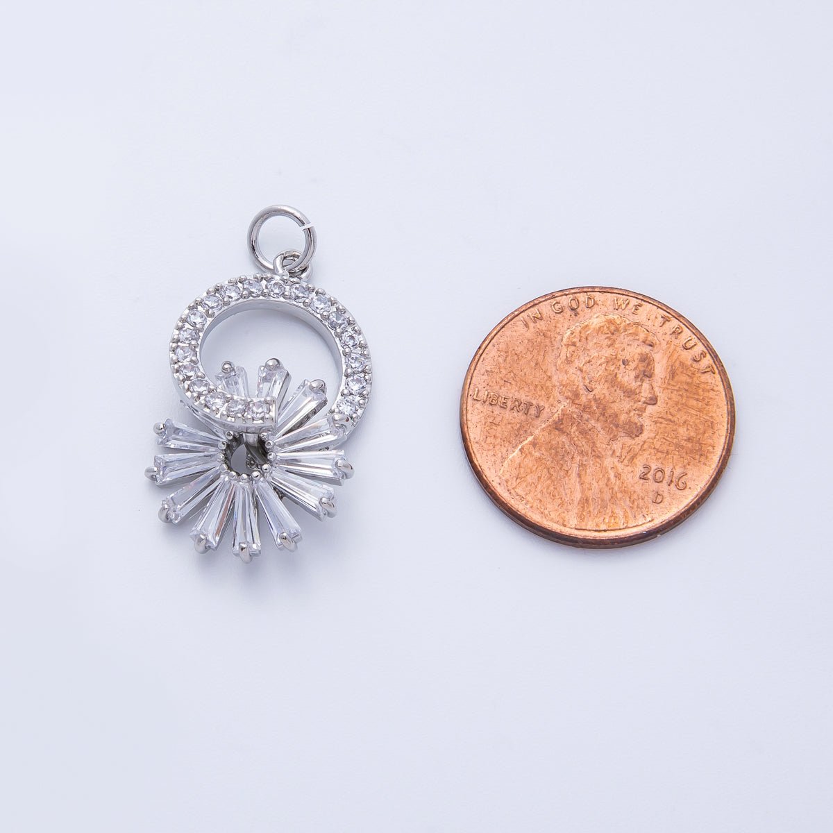 Silver 23mm Clear Baguette Micro Paved CZ Flower Open Round Charm | Charms-00367