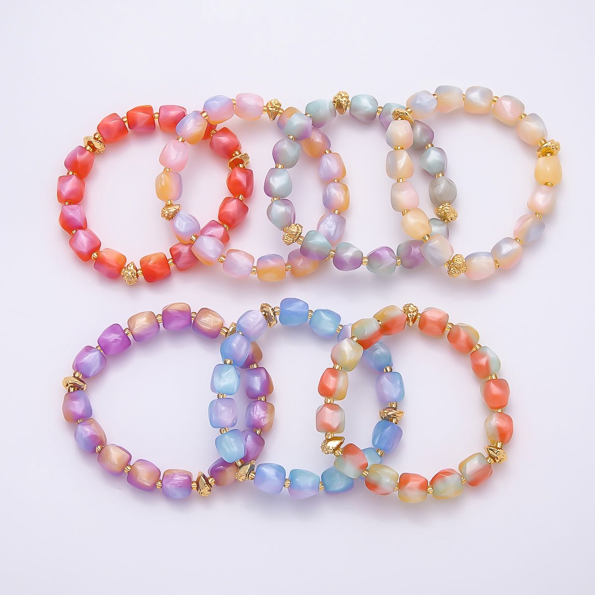 Stainless Steel 10mm Geometric Resin Bead 7 Inch Stretch Bracelet | WA-04516 ~ WA-04522