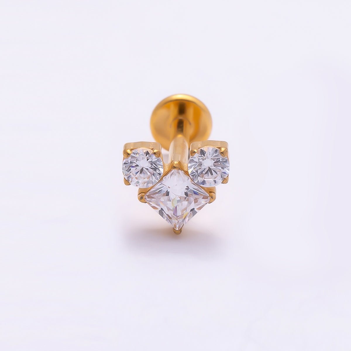 Titanium 6.5mm Clear CZ Geometric Heart Single Cartilage Piercing Flat Back Stud in Gold & Silver | BJ-00005 BJ-00006