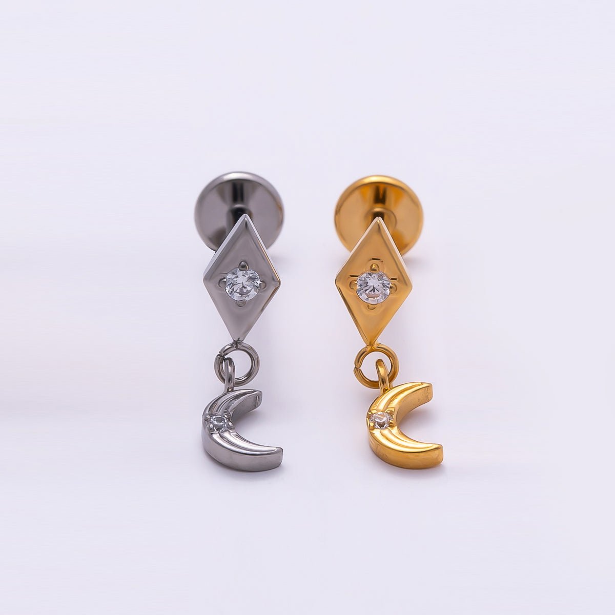 Titanium 14mm CZ Crescent Moon Rhombus Drop Single Cartilage Piercing Flat Back Stud in Gold & Silver | BJ-00055 BJ-00056