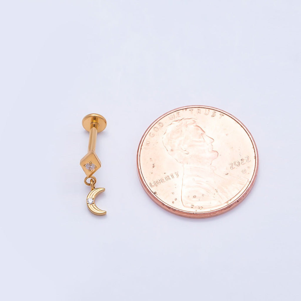 Titanium 14mm CZ Crescent Moon Rhombus Drop Single Cartilage Piercing Flat Back Stud in Gold & Silver | BJ-00055 BJ-00056