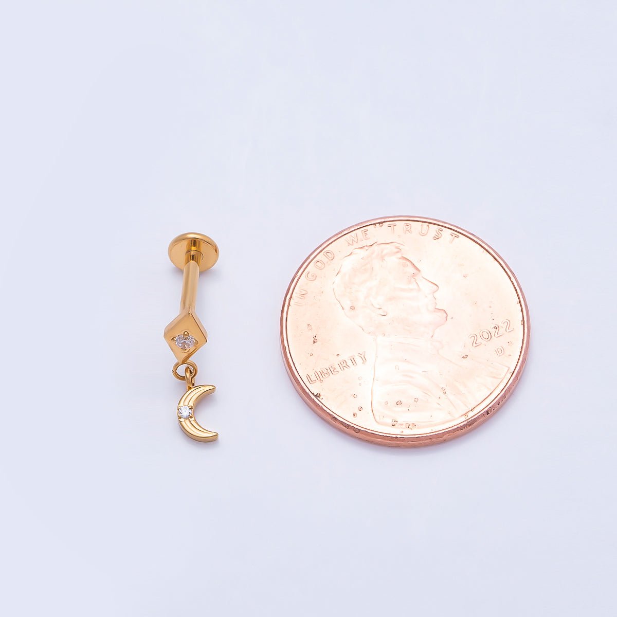 Titanium 14mm CZ Crescent Moon Rhombus Drop Single Cartilage Piercing Flat Back Stud in Gold & Silver | BJ-00055 BJ-00056