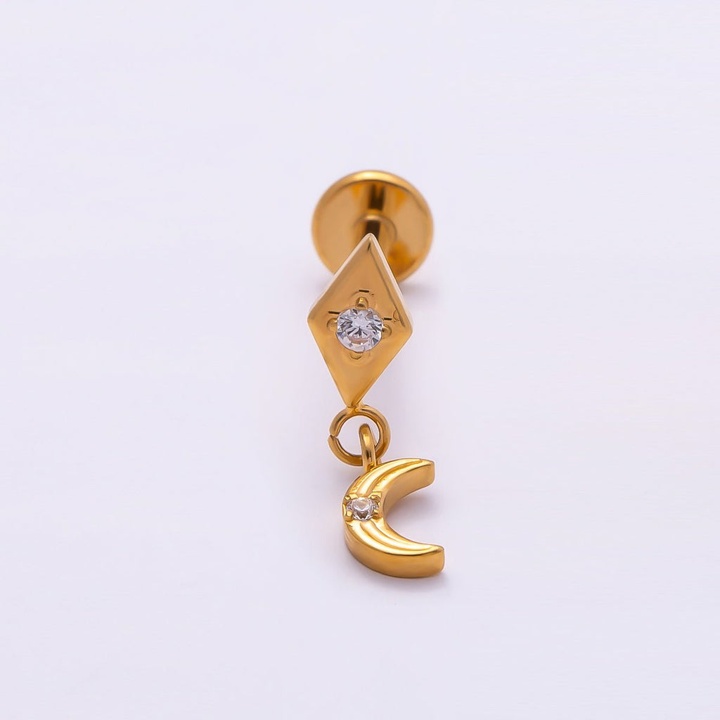 Titanium 14mm CZ Crescent Moon Rhombus Drop Single Cartilage Piercing Flat Back Stud in Gold & Silver | BJ-00055 BJ-00056