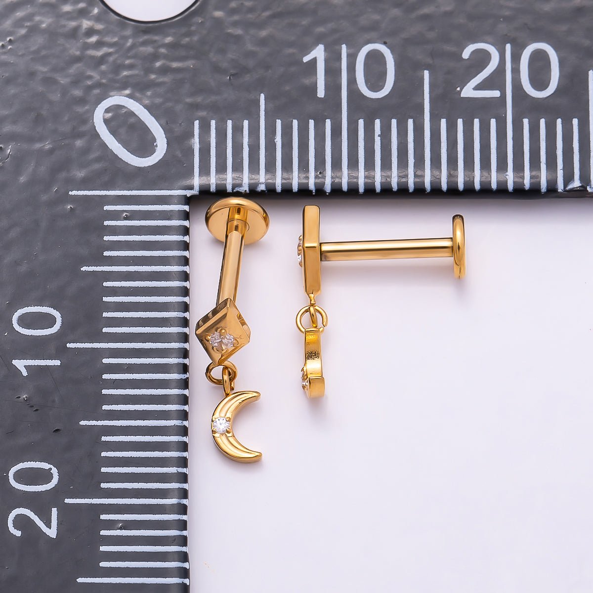 Titanium 14mm CZ Crescent Moon Rhombus Drop Single Cartilage Piercing Flat Back Stud in Gold & Silver | BJ-00055 BJ-00056