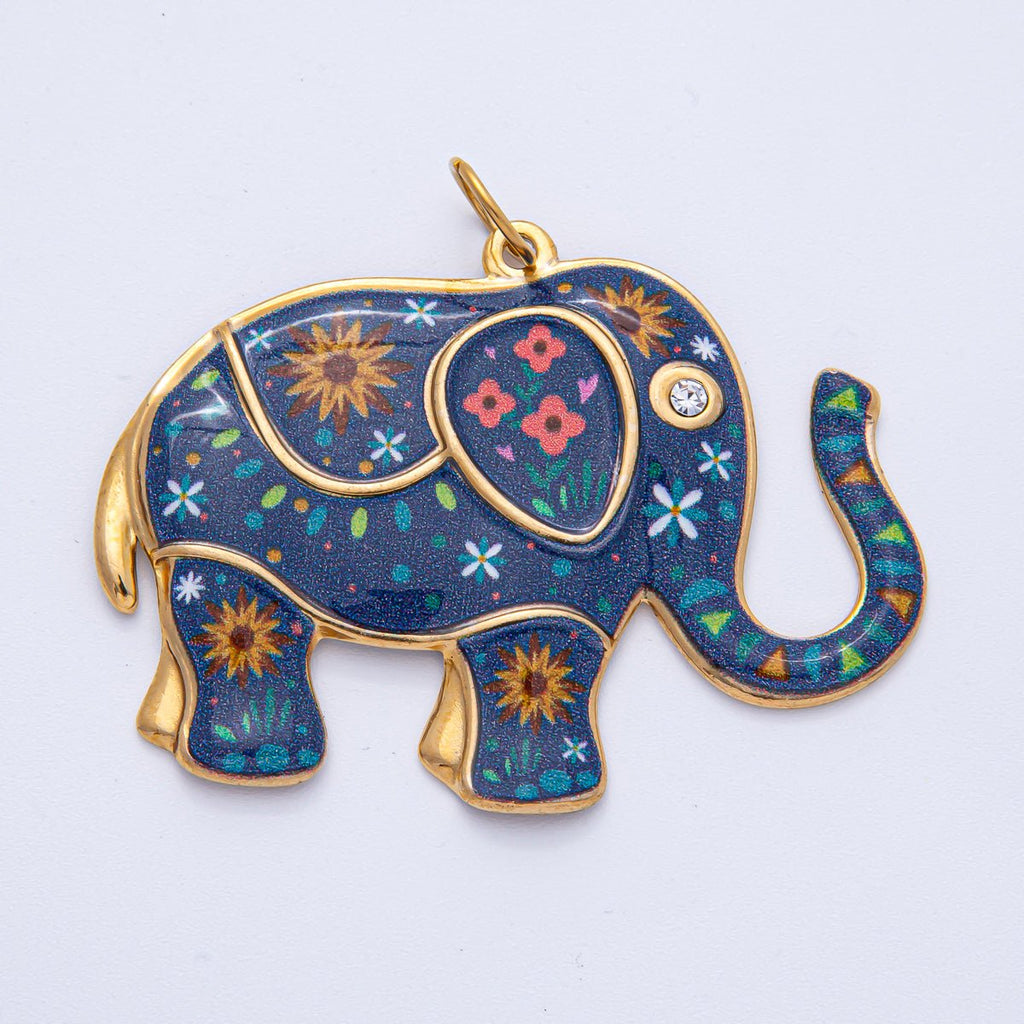Stainless Steel 46mm Blue Flower Enamel CZ Elephant Statement Charm | J898