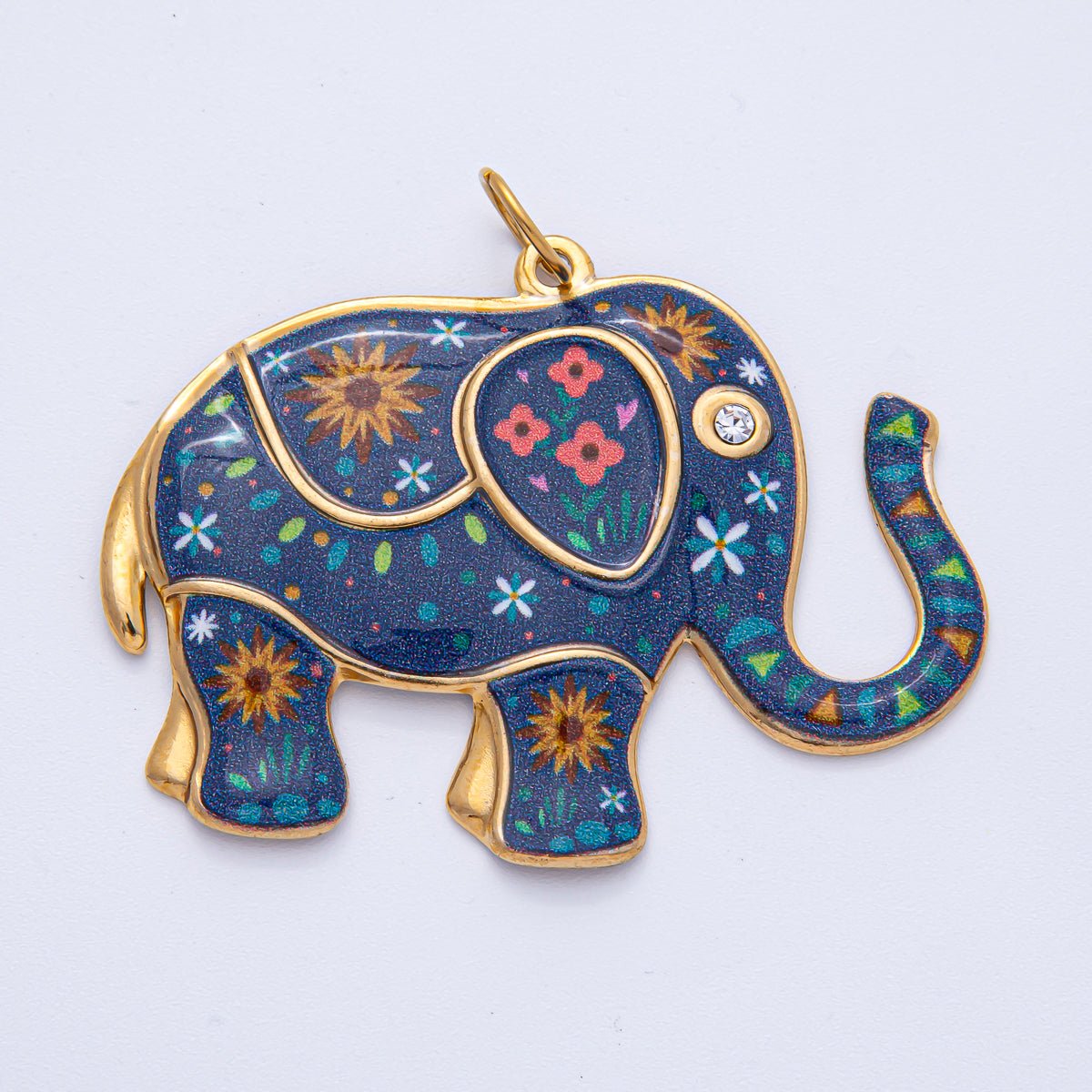 Stainless Steel 46mm Blue Flower Enamel CZ Elephant Statement Charm | J898