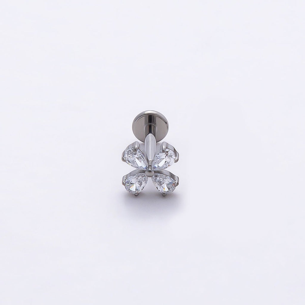 Titanium 6mm Clear CZ Teardrop Flower Single Cartilage Piercing Flat Back Stud | BJ-00028