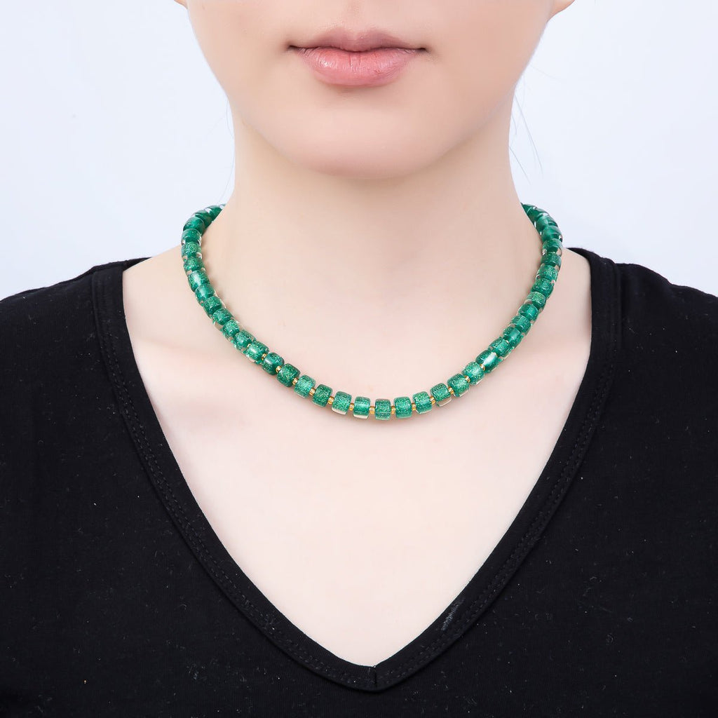 Stainless Steel 8mm Green, Purple, Multicolor, Blue, Purple, Pink, Orange, White Glitter Resin Rondelle Bead 16 Inch Necklace w. Extender | WA-04565 ~ WA-04572