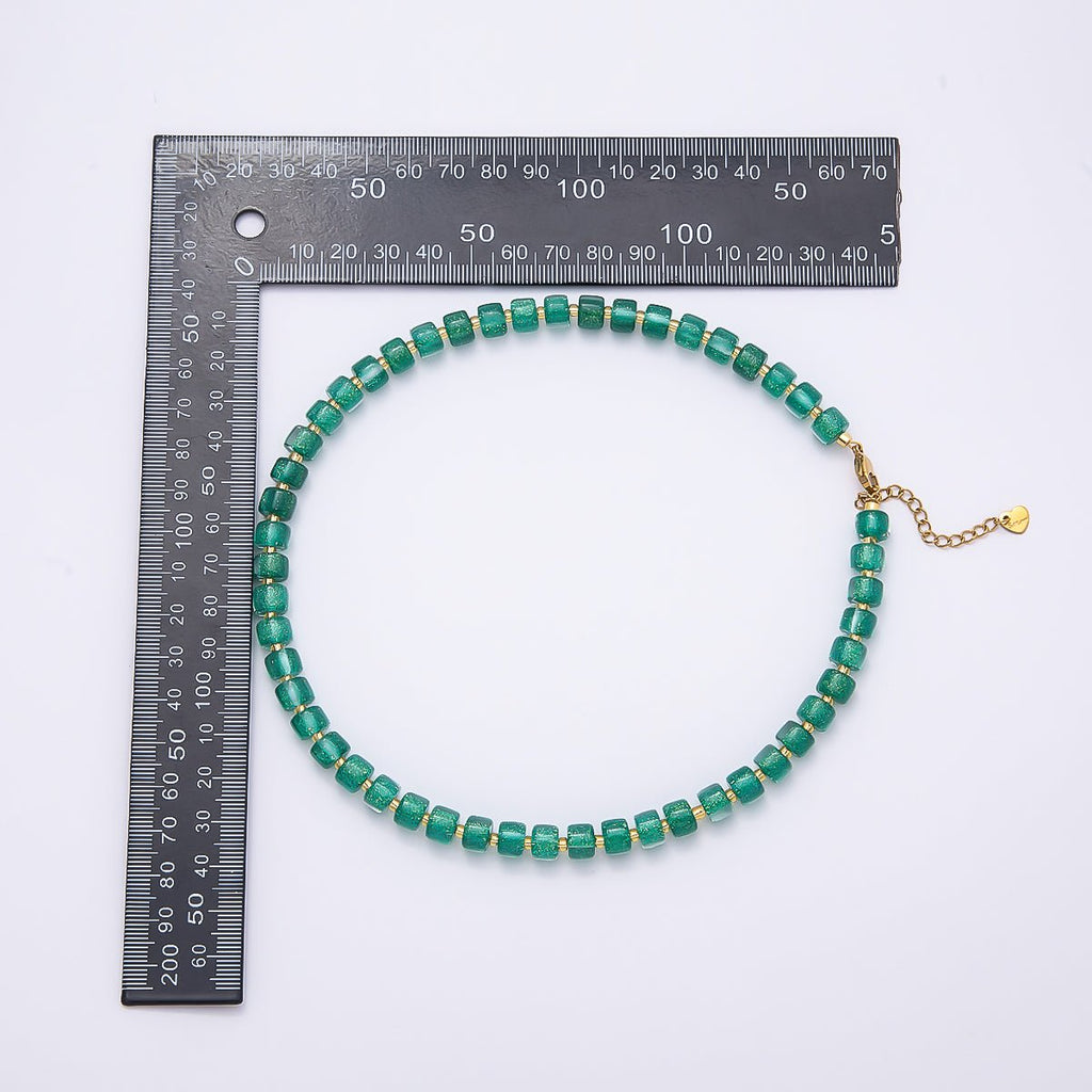 Stainless Steel 8mm Green, Purple, Multicolor, Blue, Purple, Pink, Orange, White Glitter Resin Rondelle Bead 16 Inch Necklace w. Extender | WA-04565 ~ WA-04572