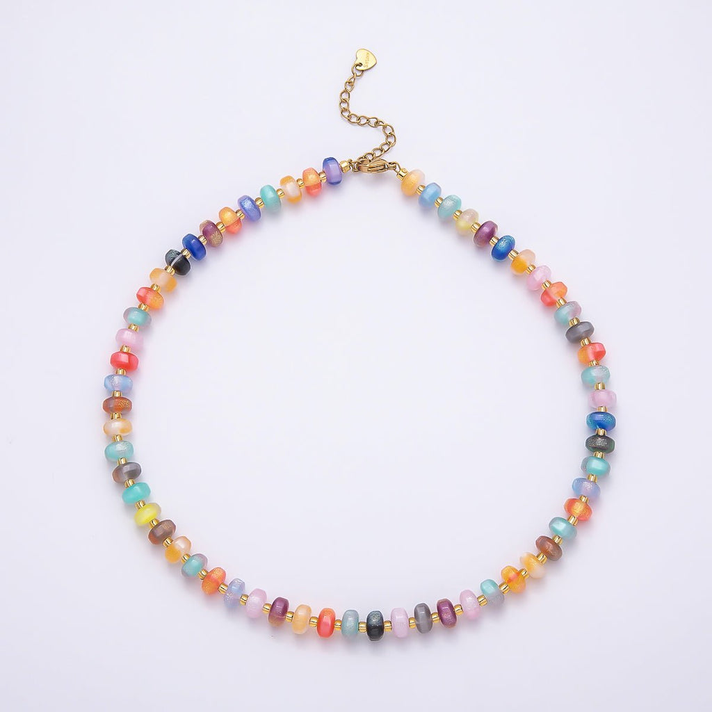 Stainless Steel 8mm Multicolor, Yellow, Blue, Orange, Pink, Green Glitter Rondelle 16 Inch Necklace w. Extender | WA-04549 ~ WA-04553