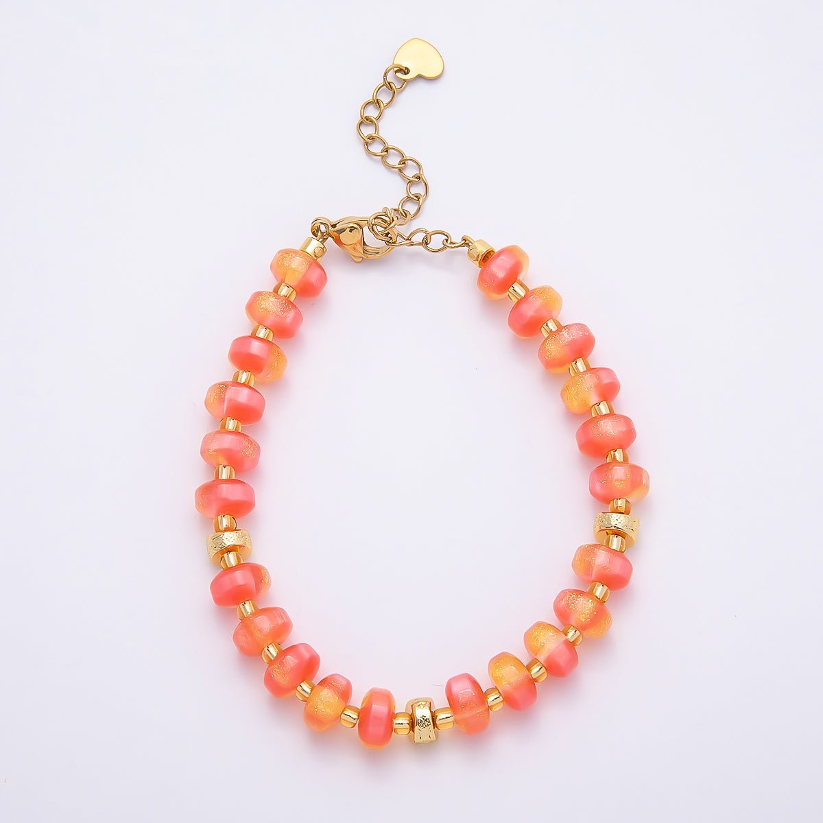 Stainless Steel 8mm Orange, Yellow, Blue, Green, Pink Glitter Rondelle Bead Resin 7 Inch Bracelet w. Extender | WA-04554 ~ WA-04558
