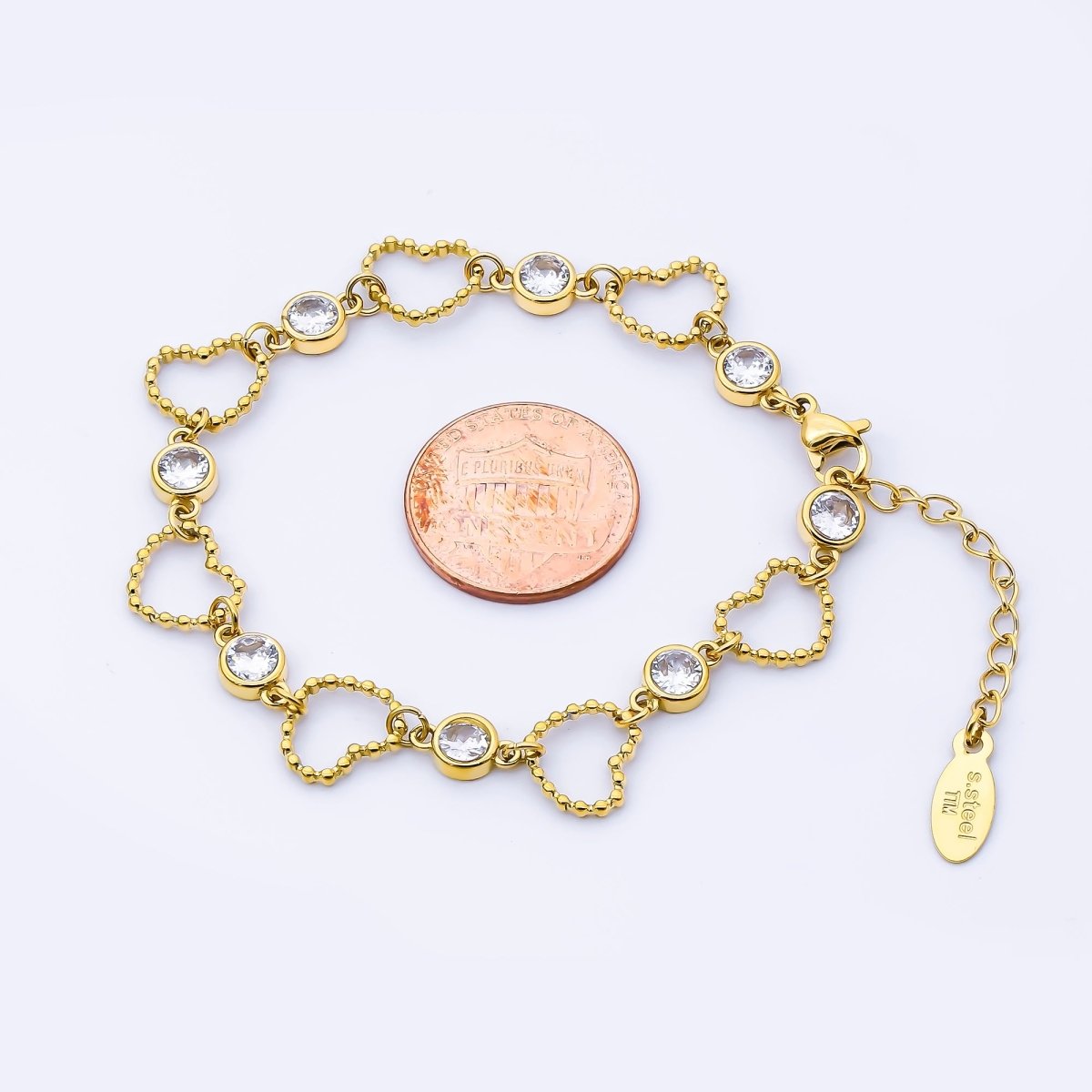 18K Gold PVD Stainless Steel Clear CZ Round Open Beaded Bubble Heart 6.5 Inch Bracelet | WA-04009
