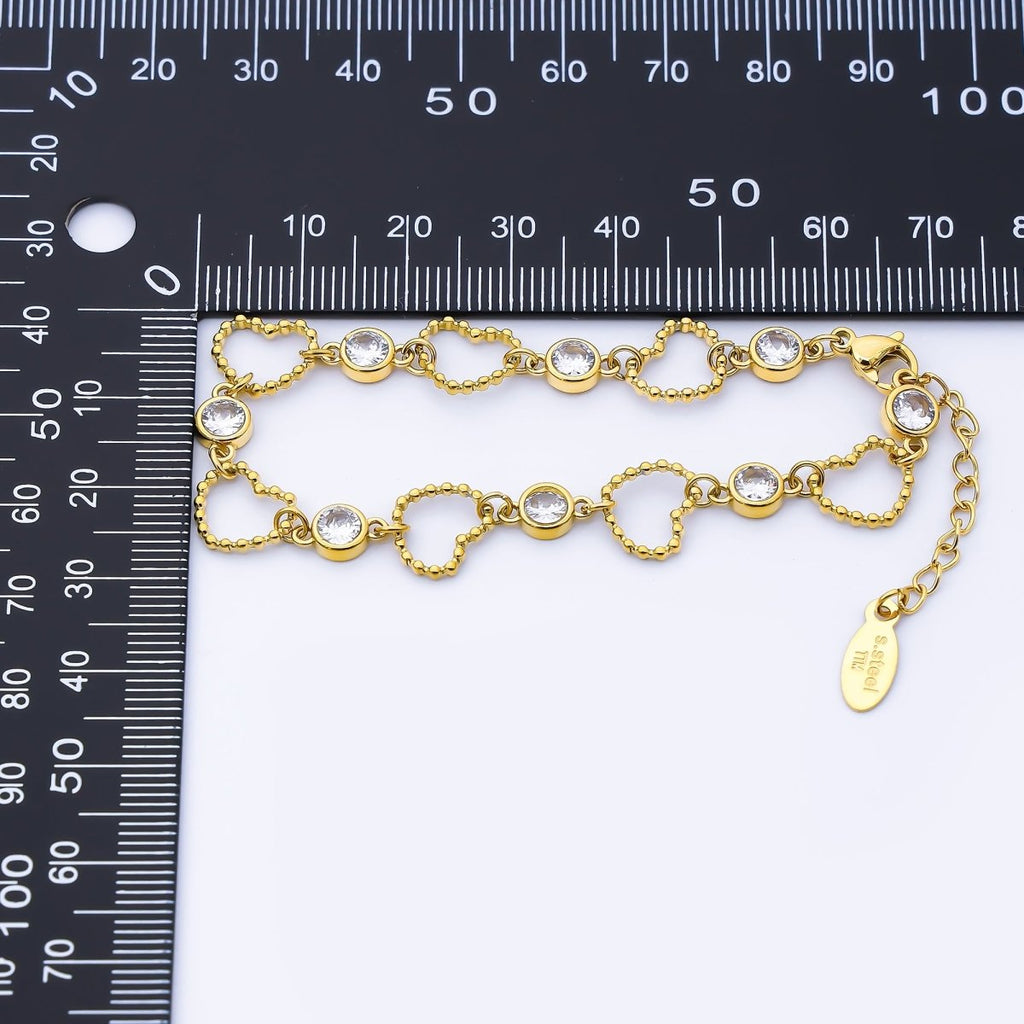 18K Gold PVD Stainless Steel Clear CZ Round Open Beaded Bubble Heart 6.5 Inch Bracelet | WA-04009