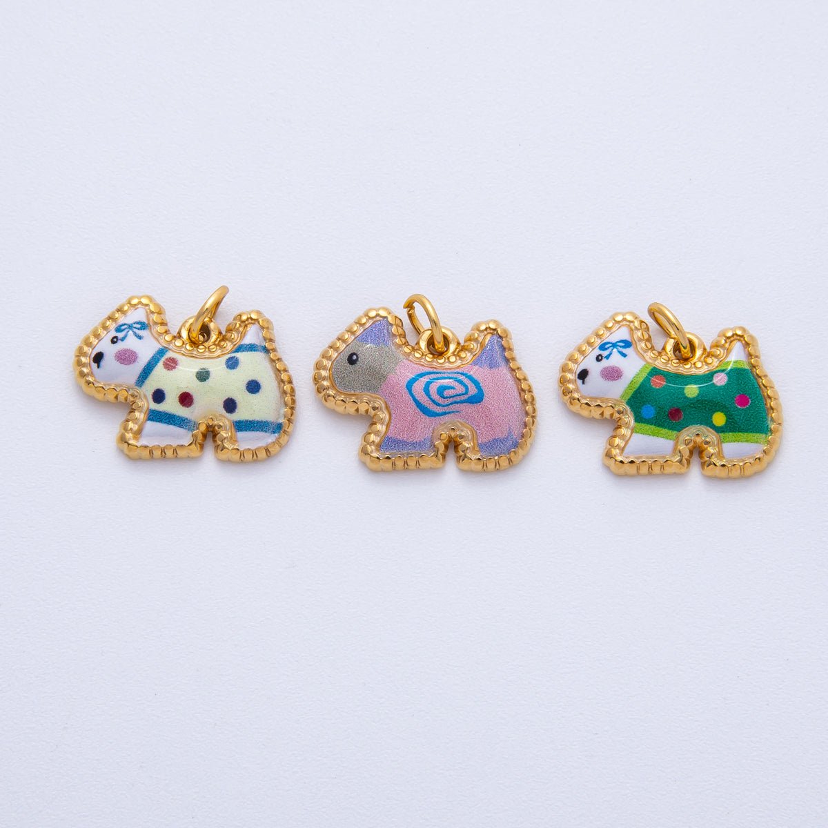 18K Gold PVD Stainless Steel Green, Yellow, Pink 18mm Cute Enamel Kitten Animal Charm | J654-J670