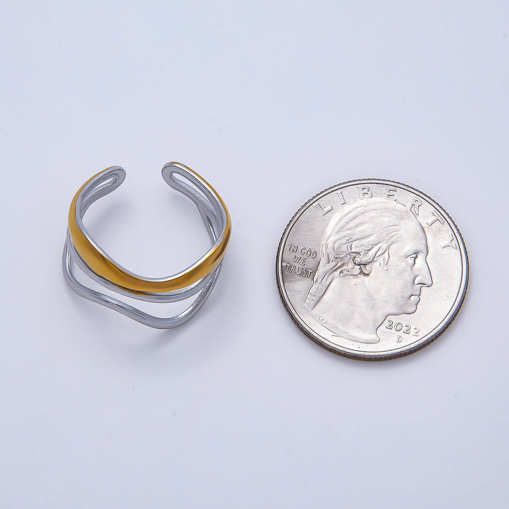 Stainless Steel Mixed Metal Curved Wave Triple Band Ring | Rings-00183