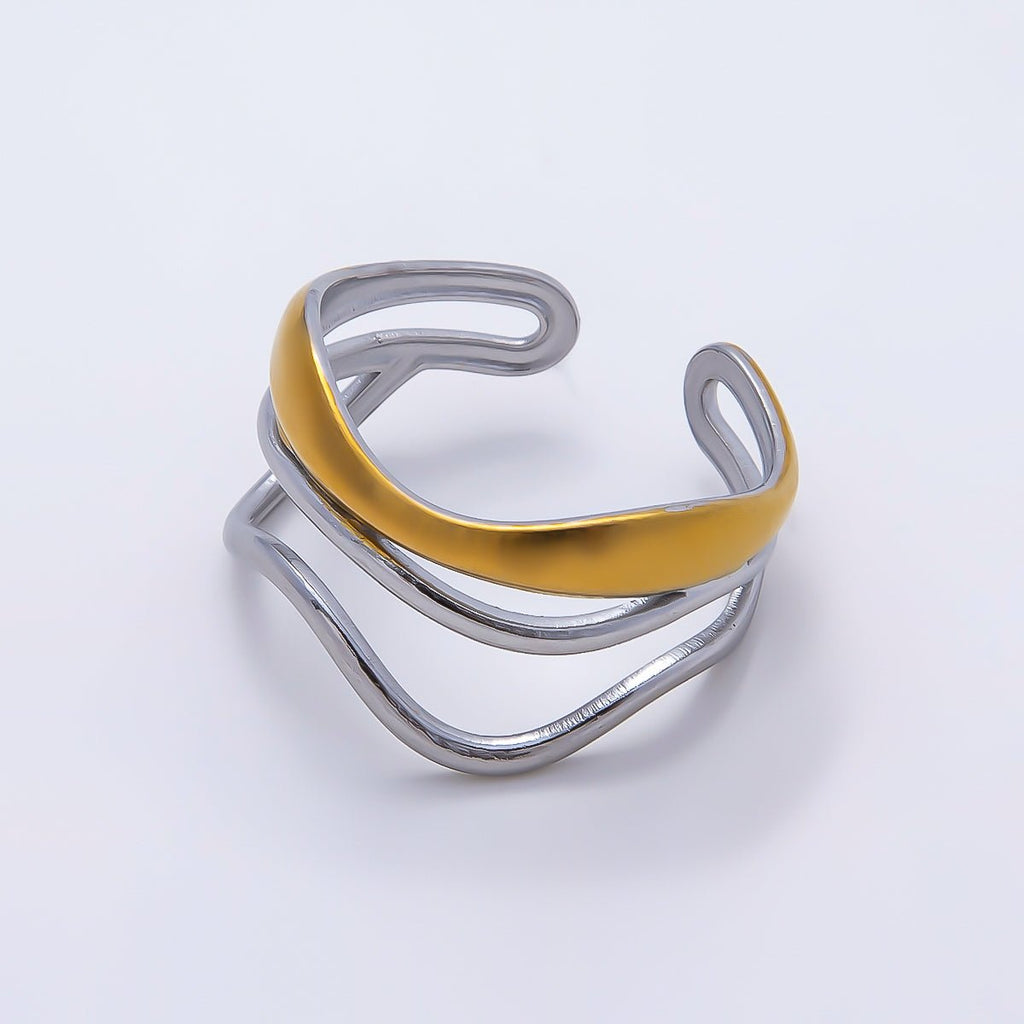 Stainless Steel Mixed Metal Curved Wave Triple Band Ring | Rings-00183