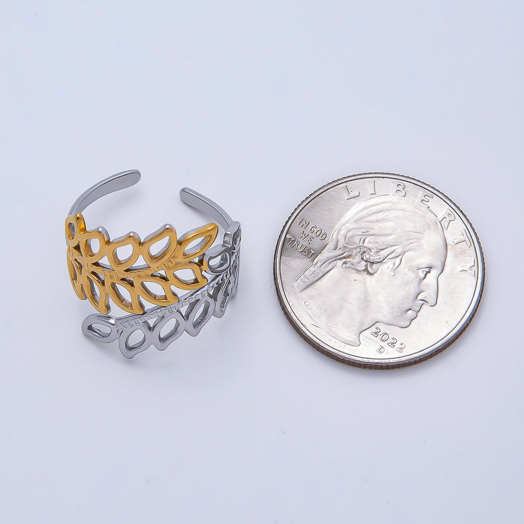 Stainless Steel Mixed Metal Natural Olive Leaf Open Wide Ring | Rings-00178