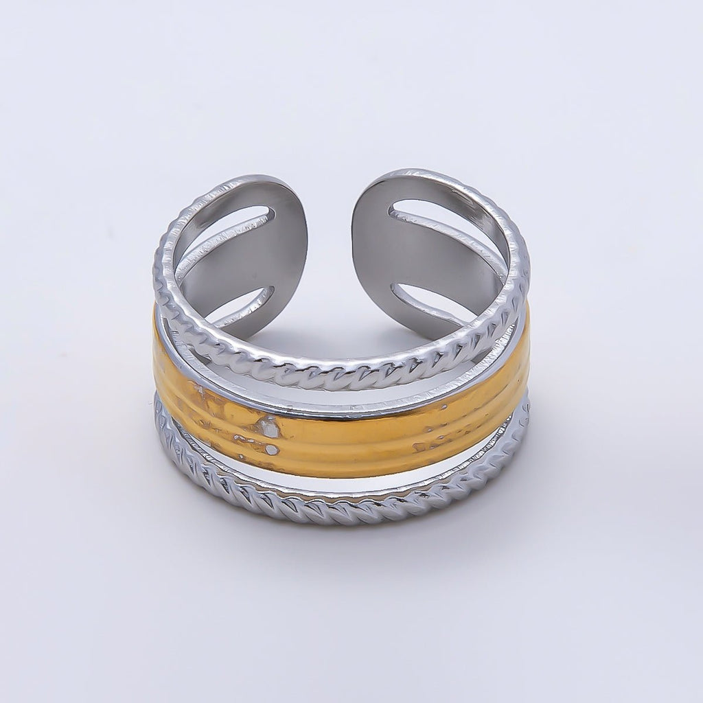 Stainless Steel Mixed Metal Wide Croissant Triple Band Ring | Rings-00180