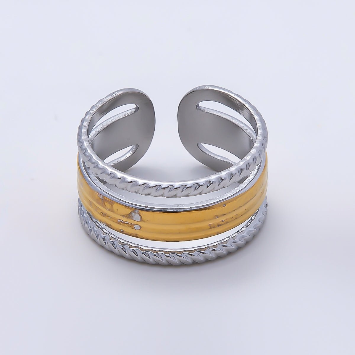 Stainless Steel Mixed Metal Wide Croissant Triple Band Ring | Rings-00180