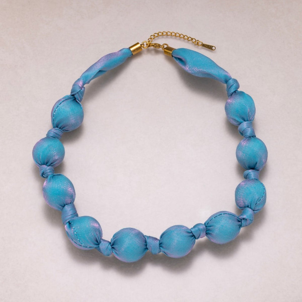 Stainless Steel Pastel Color Shimmer Satin Fabric Wrapped Bead 17 Inch Handmade Scarf Necklace w. Extender | WA-04401 - WA-04403