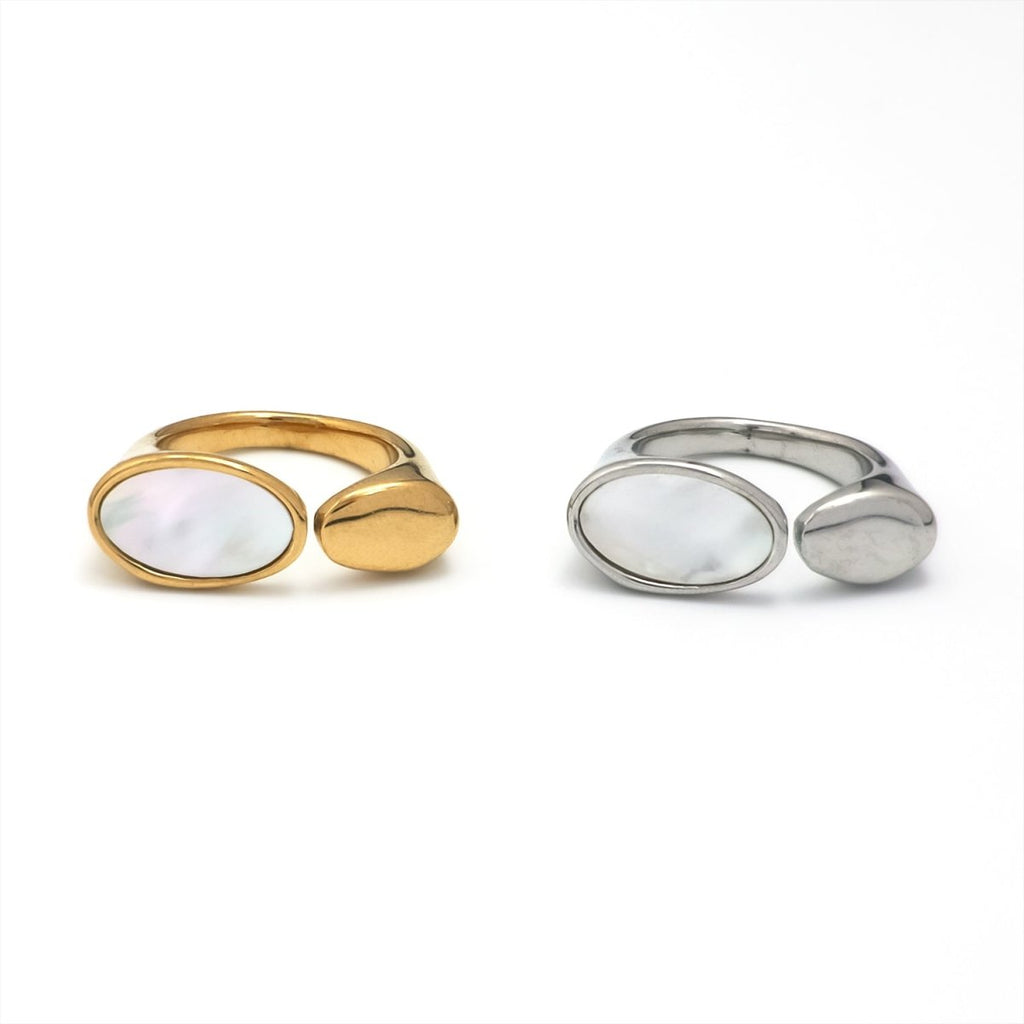 Stainless Steel Shell Pearl Geometric Oval Wrap Ring in Gold & Silver | RINGS-00259