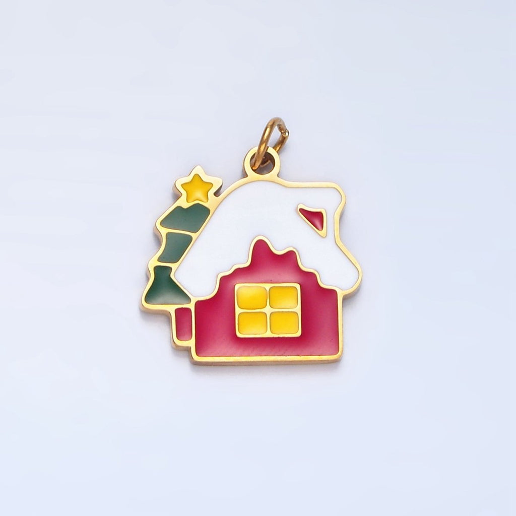 Stainless Steel Snowy House Christmas Tree Enamel Christmas Holiday Charm | P1374