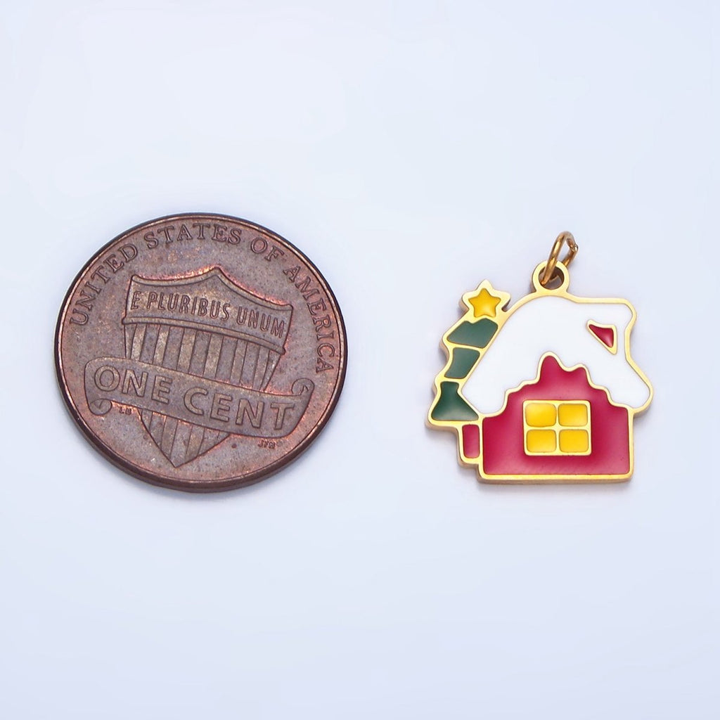 Stainless Steel Snowy House Christmas Tree Enamel Christmas Holiday Charm | P1374