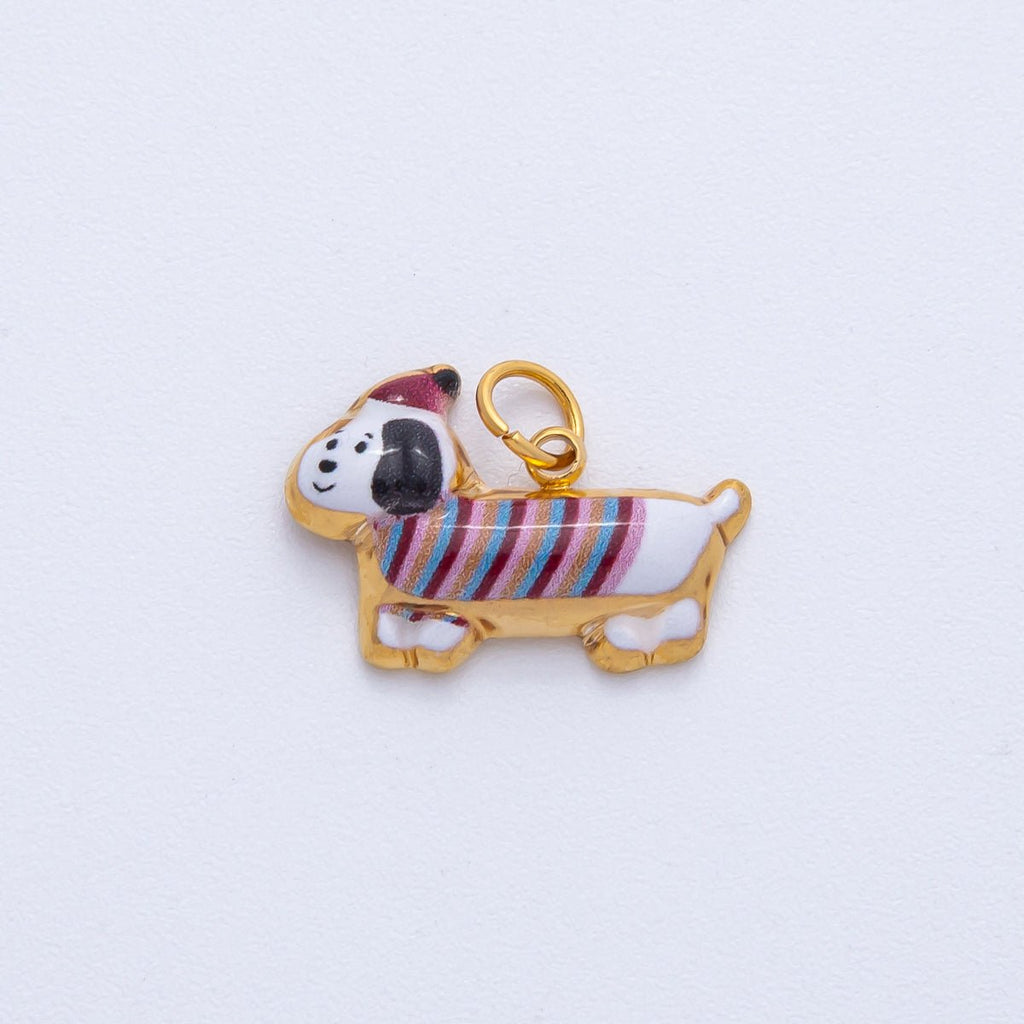 18K Gold PVD Stainless Steel White, Brown 18mm Cute Enamel Puppy Animal Charm | J693
