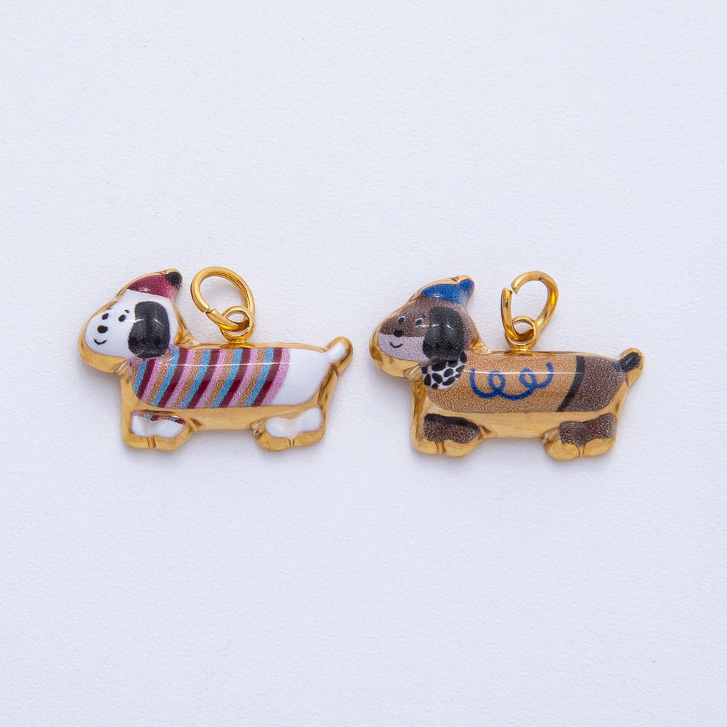 18K Gold PVD Stainless Steel White, Brown 18mm Cute Enamel Puppy Animal Charm | J693