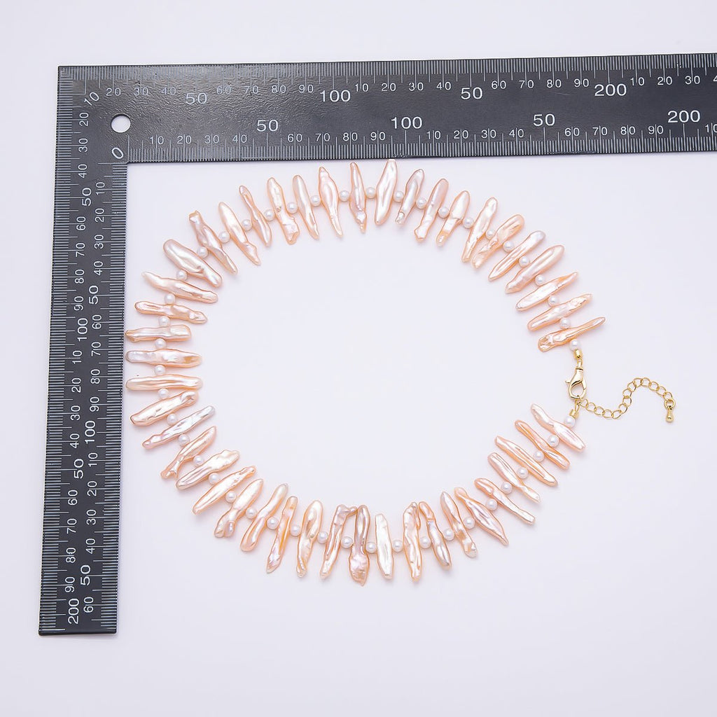 Stainless Steel White, Pink Biwa Freshwater Pearl 16.5 Inch Choker Necklace | WA-04490 WA-04491