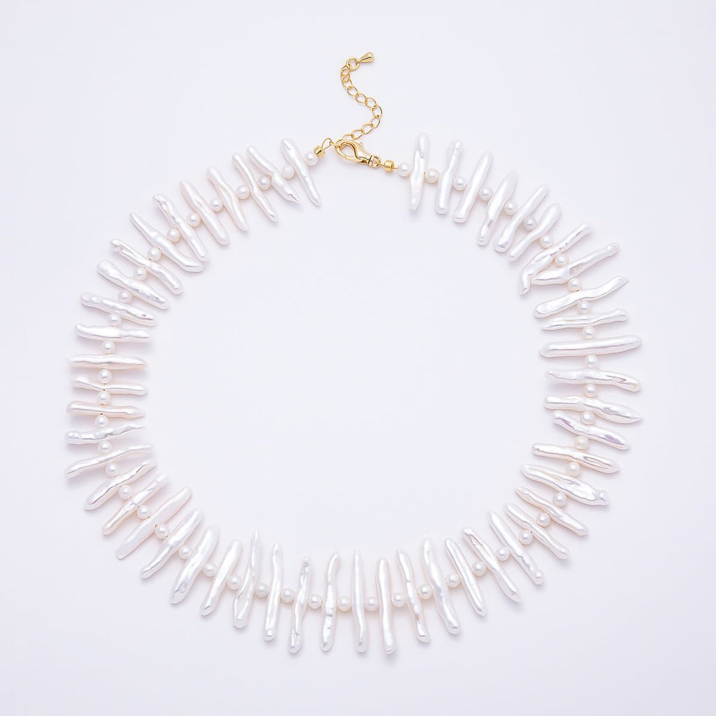 Stainless Steel White, Pink Biwa Freshwater Pearl 16.5 Inch Choker Necklace | WA-04490 WA-04491