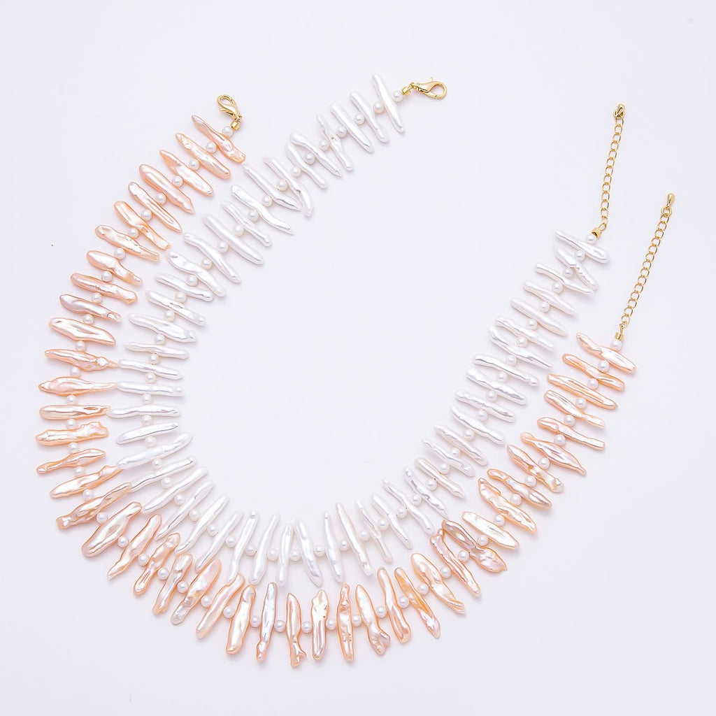 Stainless Steel White, Pink Biwa Freshwater Pearl 16.5 Inch Choker Necklace | WA-04490 WA-04491