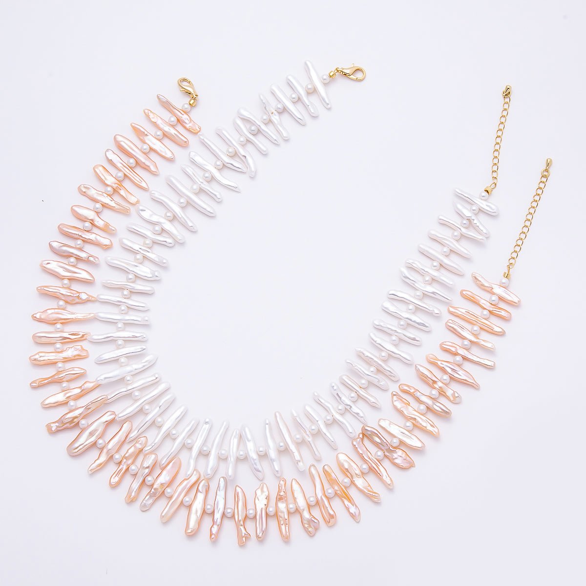 Stainless Steel White, Pink Biwa Freshwater Pearl 16.5 Inch Choker Necklace | WA-04490 WA-04491
