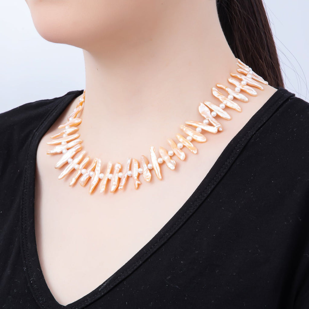 Stainless Steel White, Pink Biwa Freshwater Pearl 16.5 Inch Choker Necklace | WA-04490 WA-04491